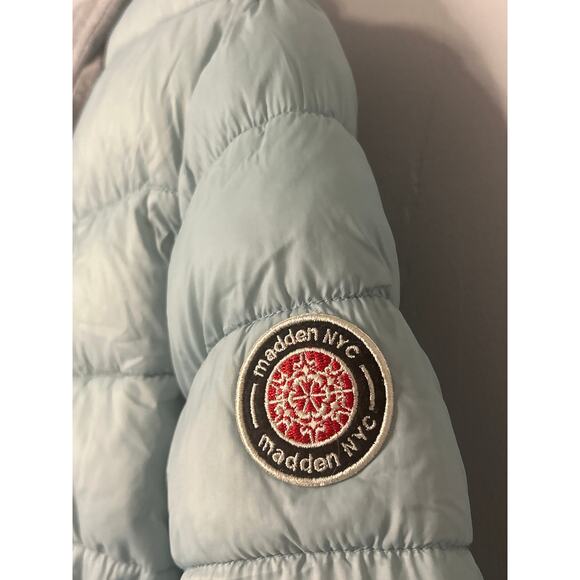 Steve 
Madden Women’s Puffer Jacket Sage Green Knit Gray Hood Pockets Large - Picture 6 of 12